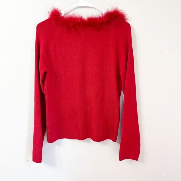 Vtg Y2K Cato Womens Red Sweater Medium Classic Feather Trim Neckline Long Sleeve - Picture 3 of 8